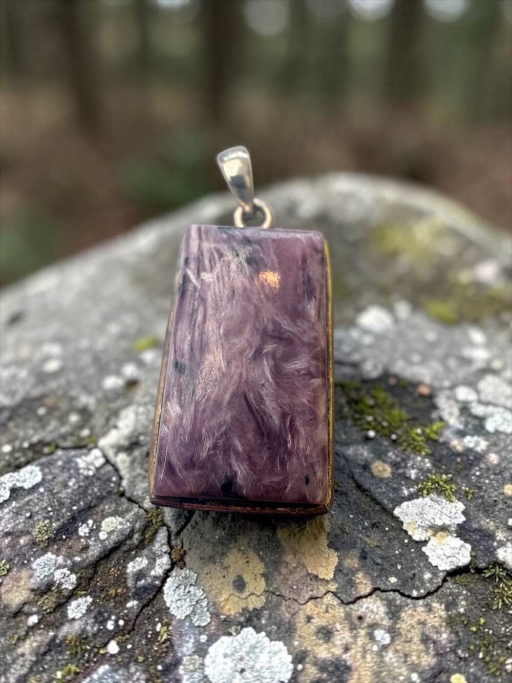 Vintage Silver Charoite Purple Marbled Stone Rectangular Pendant Bezel Set Taper